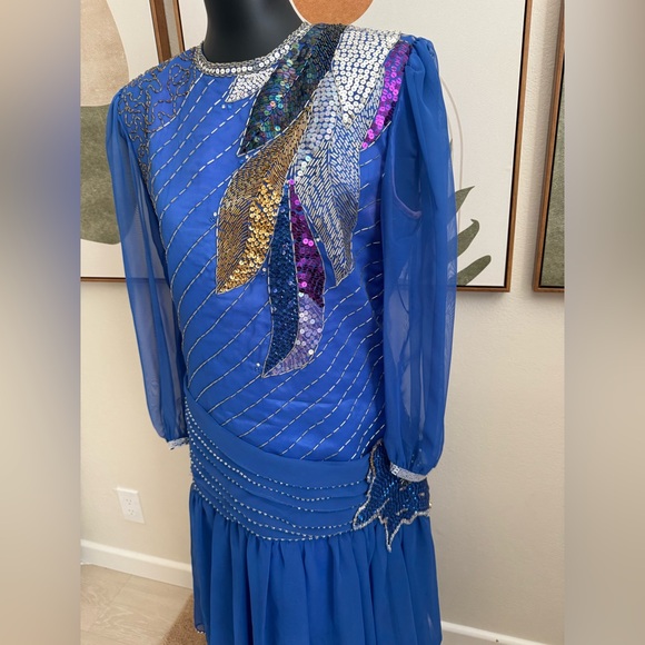 Vintage Royal Blue Embellished Gown with Bishop Sleeves - Picture 2 of 9